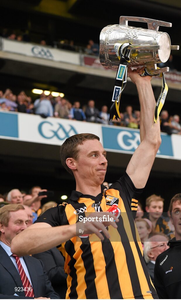 27 September 2014; Kilkenny's Brian Hogan lifts the Liam MacCarthy cup. GAA Hurling All Ireland Senior Championship Final Replay, Kilkenny v Tipperary. Croke Park, Dublin. Picture credit: Ray McManus / SPORTSFILE