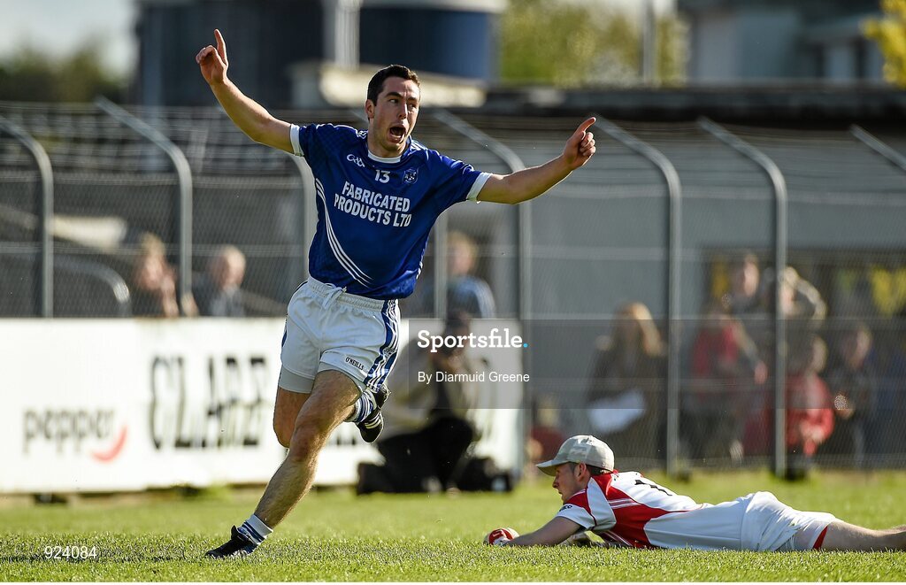 12 October 2014; Conor McGrath, Cratloe, celebrates after scoring his side's first goal past Eire Og goalkeeper Colin Smyth. Clare County Senior Football Championship Final, Cratloe v Eire Og. Cusack Park, Ennis, Co. Clare. Picture credit: Diarmuid Greene / SPORTSFILE