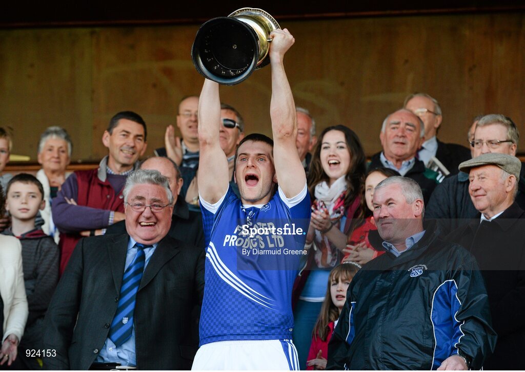 12 October 2014; Cratloe captain Michael Hawes lifts the cup after victory over Eire Og. Clare County Senior Football Championship Final, Cratloe v Eire Og. Cusack Park, Ennis, Co. Clare. Picture credit: Diarmuid Greene / SPORTSFILE