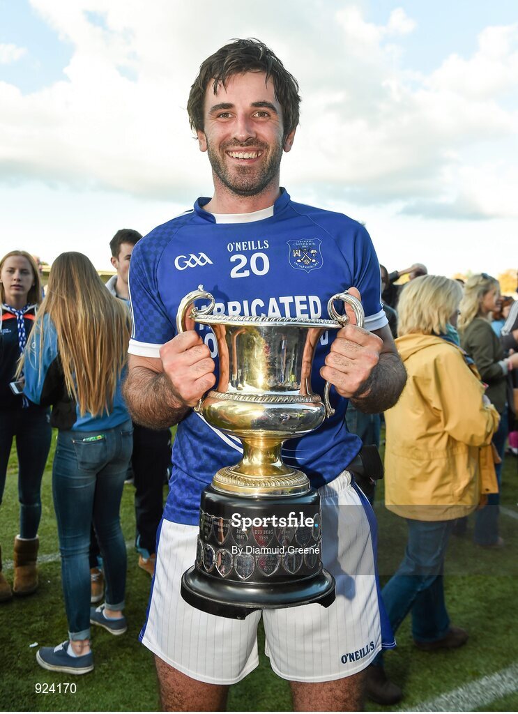 12 October 2014; Cratloe's John Galvin celebrates with the cup after victory over Eire Og. Clare County Senior Football Championship Final, Cratloe v Eire Og. Cusack Park, Ennis, Co. Clare. Picture credit: Diarmuid Greene / SPORTSFILE