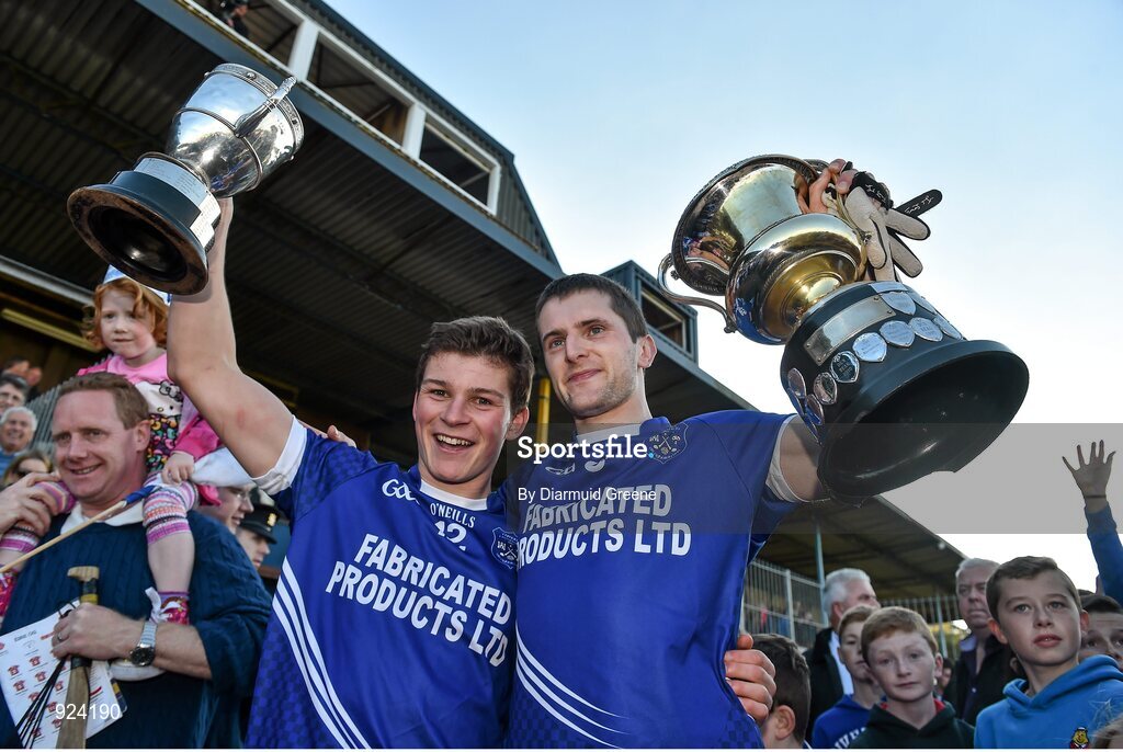 12 October 2014; Cratloe Double County Champions captains, Liam Markham, hurling, left, and football captain Michael Hawes celebrate with their cups. Clare County Senior Football Championship Final, Cratloe v Eire Og. Cusack Park, Ennis, Co. Clare. Picture credit: Diarmuid Greene / SPORTSFILE