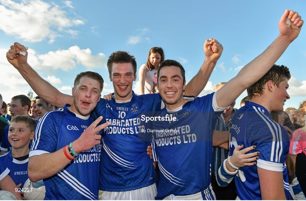 12 October 2014; Cratloe players Sean Hynan, left, Conor Ryan, centre, and Conor McGrath celebrate after victory over Eire Og. Clare County Senior Football Championship Final, Cratloe v Eire Og. Cusack Park, Ennis, Co. Clare. Picture credit: Diarmuid Greene / SPORTSFILE