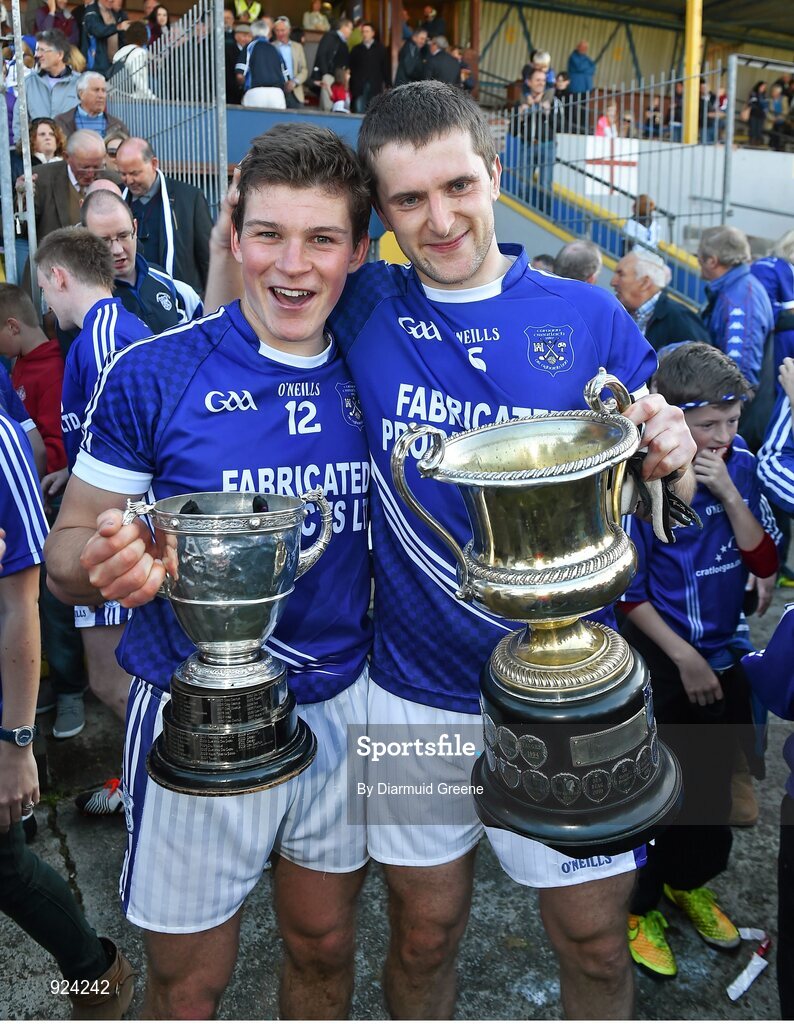 12 October 2014; Cratloe 'Double County Champions' captains, Liam Markham, hurling, left, and football captain Michael Hawes celebrate with their cups. Clare County Senior Football Championship Final, Cratloe v Eire Og. Cusack Park, Ennis, Co. Clare. Picture credit: Diarmuid Greene / SPORTSFILE