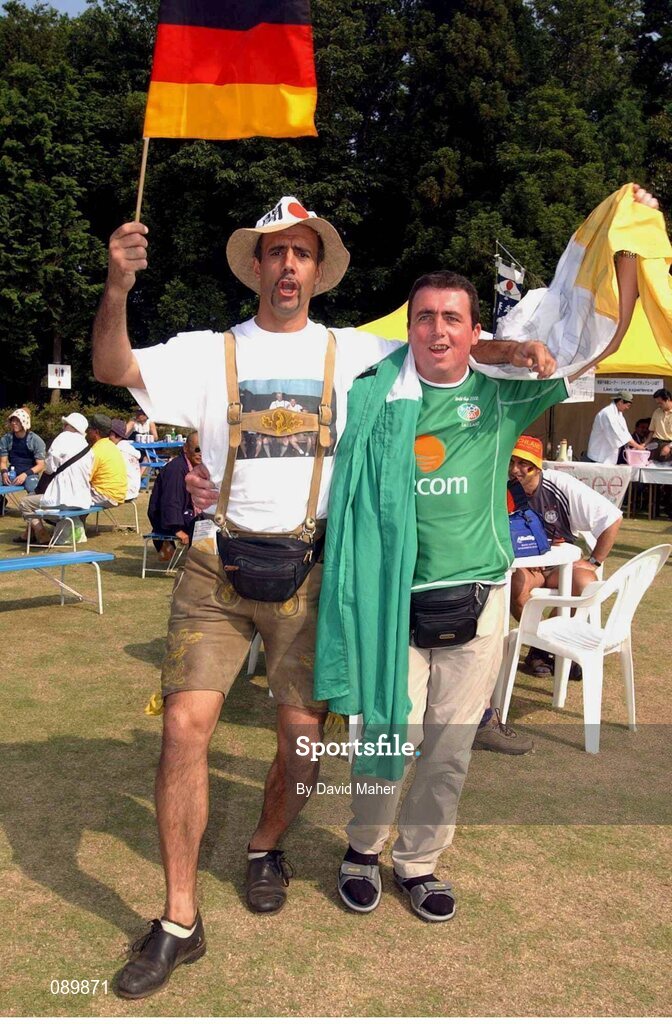 5 June 2002; Republic of Ireland fan Tom Fanning, from Tipperary, with German fan Sepp Huber before the game. FIFA World Cup Finals, Group E, Republic of Ireland v Germany, Ibaraki Stadium, Ibaraki, Japan. Picture credit: David Maher / SPORTSFILE