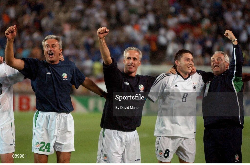 5 June 2002; Republic of Ireland assistant manager Ian Evans, left, manager Mick McCarthy, Matt Holland and John Fallon celebrate after drawing with Germany. FIFA World Cup Finals, Group E, Republic of Ireland v Germany, Ibaraki Stadium, Ibaraki, Japan. Picture credit: David Maher / SPORTSFILE
