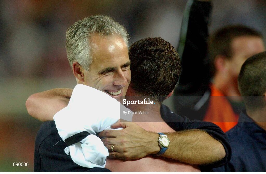 5 June 2002;  Republic of Ireland manager Mick McCarthy celebrates with Mark Kinsella after a draw against Germany. FIFA World Cup Finals, Group E, Republic of Ireland v Germany, Ibaraki Stadium, Ibaraki, Japan. Picture credit: David Maher / SPORTSFILE