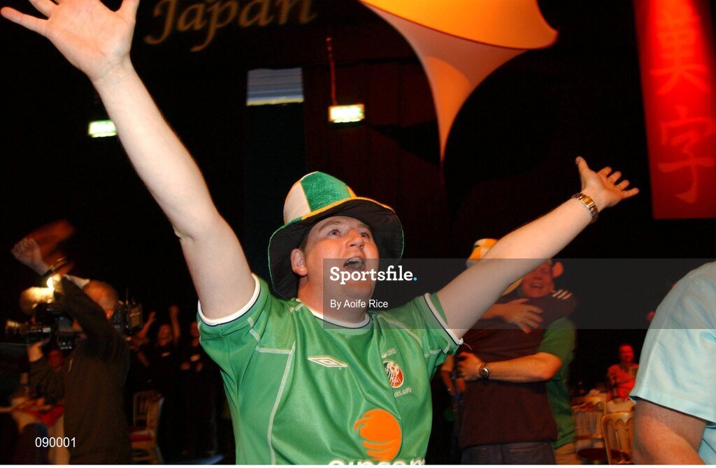 5 June 2002; Republic of Ireland fan Gregg Carroll, from Lucan, Dublin, celebrates Robbie Keane's late goal against Germany in the FIFA World Cup Finals. RDS Ballsbridge, Dublin. Picture credit: Aoife Rice / SPORTSFILE
