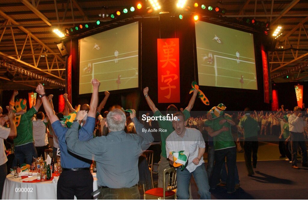 5 June 2002; Republic of Ireland fans celebrate Robbie Keane's late goal against Germany in the FIFA World Cup Finals. RDS Ballsbridge, Dublin. Picture credit: Aoife Rice / SPORTSFILE