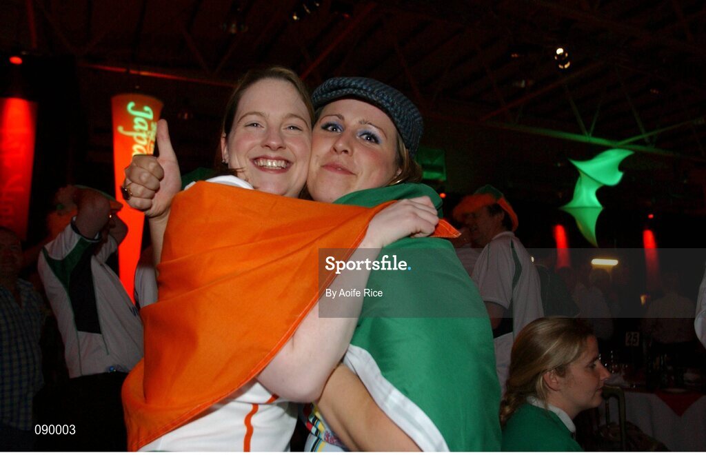 5 June 2002; Republic of Ireland fans Vanessa Tucker, left, and Claire Kavanagh celebrate Robbie Keane's late goal against Germany in the FIFA World Cup Finals. RDS Ballsbridge, Dublin. Picture credit: Aoife Rice / SPORTSFILE