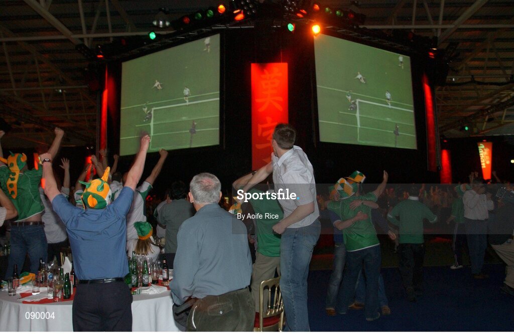 5 June 2002; Republic of Ireland fans celebrate Robbie Keane's late goal against Germany in the FIFA World Cup Finals. RDS Ballsbridge, Dublin. Picture credit: Aoife Rice / SPORTSFILE