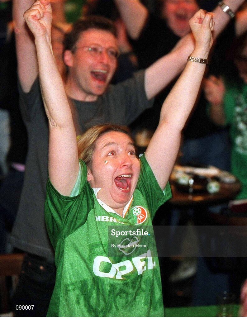 5 June 2002; Republic of Ireland fan Catherina Ryan, from Rathgar, Dublin, celebrates Robbie Keane's late equaliser against Germany in the FIFA World Cup Finals. The Submarine Bar, Dublin. Picture credit: Brendan Moran / SPORTSFILE