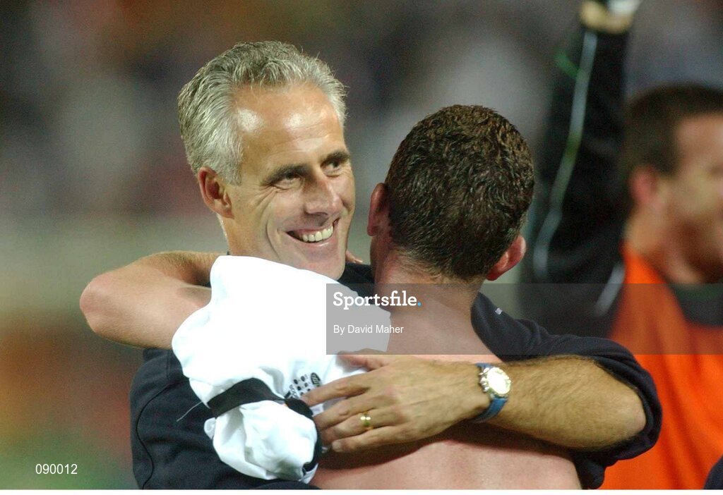 5 June 2002; Republic of Ireland manager Mick McCarthy celebrates after the draw against Germany. FIFA World Cup Finals, Group E, Republic of Ireland v Germany, Ibaraki Stadium, Ibaraki, Japan. Picture credit: David Maher / SPORTSFILE