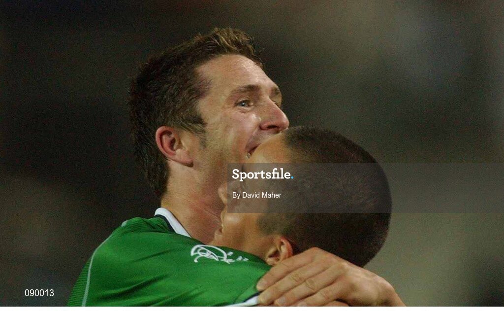 5 June 2002; Robbie Keane, Republic of Ireland, celebrates with Gary Kelly after the game against Germany. FIFA World Cup Finals, Group E, Republic of Ireland v Germany, Ibaraki Stadium, Ibaraki, Japan. Picture credit: David Maher / SPORTSFILE