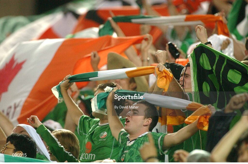 5 June 2002; Republic of Ireland fans celebrate after the draw against Germany. FIFA World Cup Finals, Group E, Republic of Ireland v Germany, Ibaraki Stadium, Ibaraki, Japan. Picture credit: David Maher / SPORTSFILE
