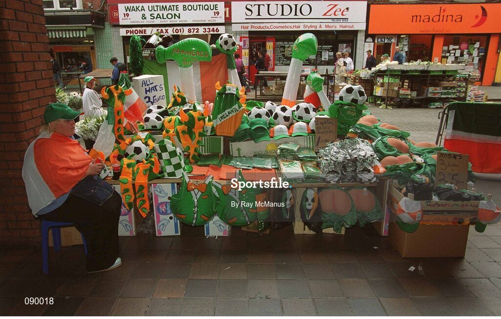5 June 2002; Memerobilia vendor Sabrina Daly from Church Street, Dublin, during the Republic of Ireland v Germany game at the FIFA World Cup Finals. Picture credit: Ray McManus / SPORTSFILE