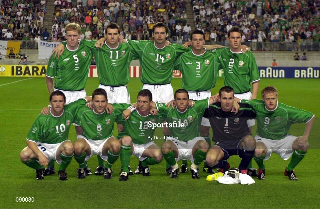 5 June 2002; The Republic of Ireland team who drew with Germany. Back row, from left, Steve Staunton, captain, Kevin Kilbane, Gary Breen, Ian Harte and Steve Finnan. Front, from left, Robbie Keane, Matt Holland, Mark Kinsella, Gary Kelly, Shay Given and Damien Duff. FIFA World Cup Finals, Group E, Republic of Ireland v Germany, Ibaraki Stadium, Ibaraki, Japan. Picture credit: David Maher / SPORTSFILE
