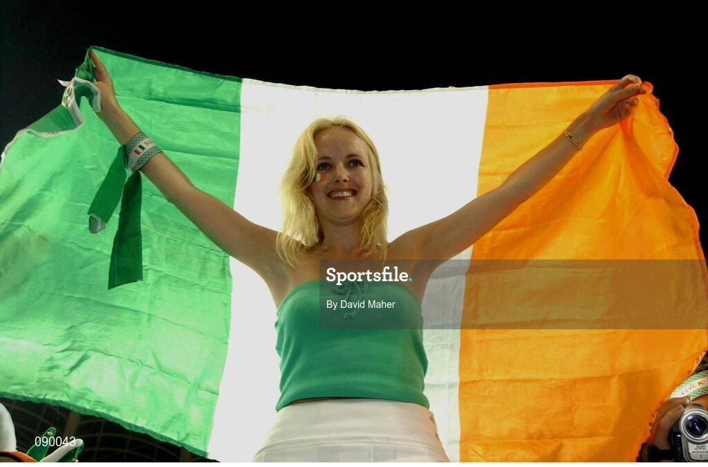 5 June 2002; A Republic of Ireland fan chers on her side against Germany. FIFA World Cup Finals, Group E, Republic of Ireland v Germany, Ibaraki Stadium, Ibaraki, Japan. Picture credit: David Maher / SPORTSFILE