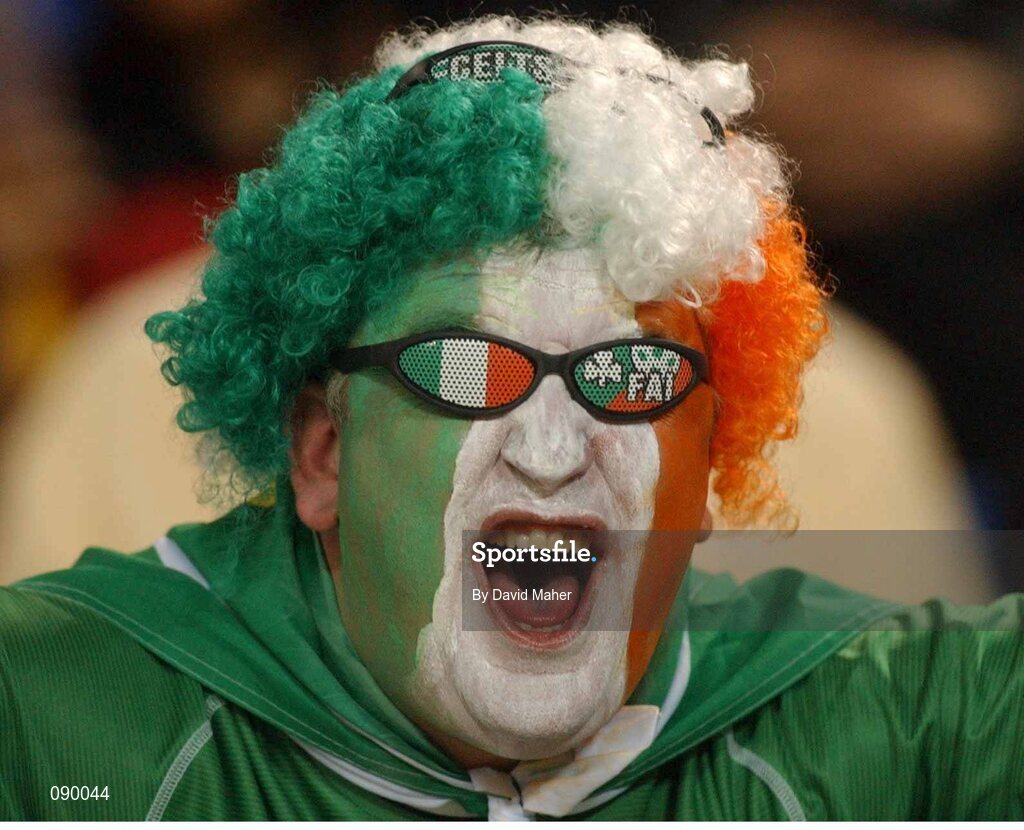 5 June 2002; A Republic of Ireland fan cheers on his side against Germany. FIFA World Cup Finals, Group E, Republic of Ireland v Germany, Ibaraki Stadium, Ibaraki, Japan. Picture credit: David Maher / SPORTSFILE