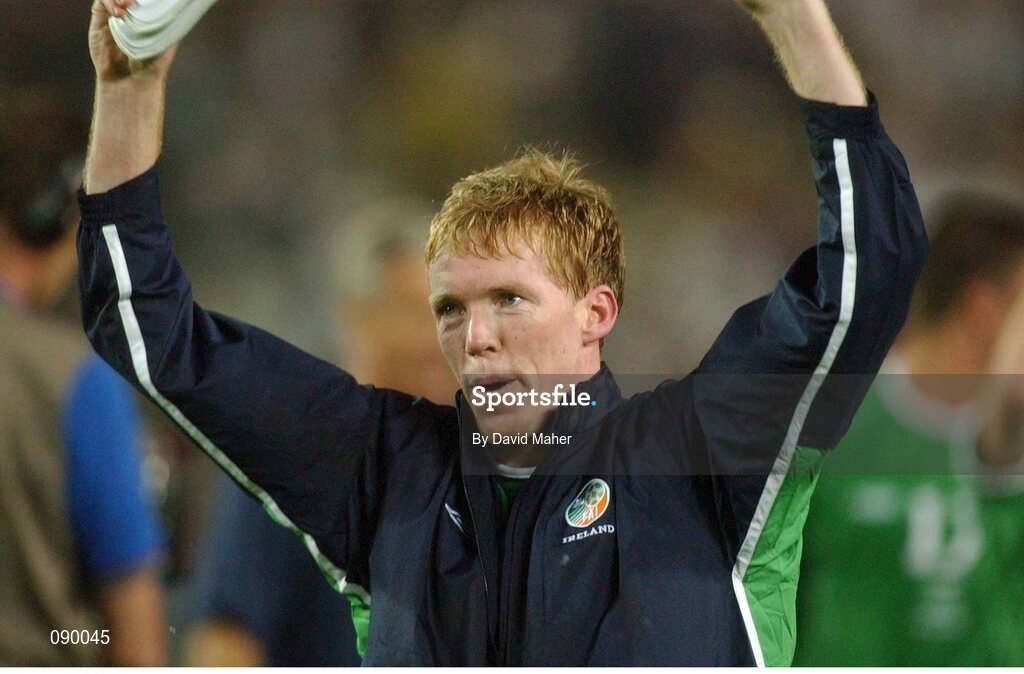 5 June 2002; Republic of Ireland captain Steve Staunton celebrates after the draw with Germany. FIFA World Cup Finals, Group E, Republic of Ireland v Germany, Ibaraki Stadium, Ibaraki, Japan. Picture credit: David Maher / SPORTSFILE