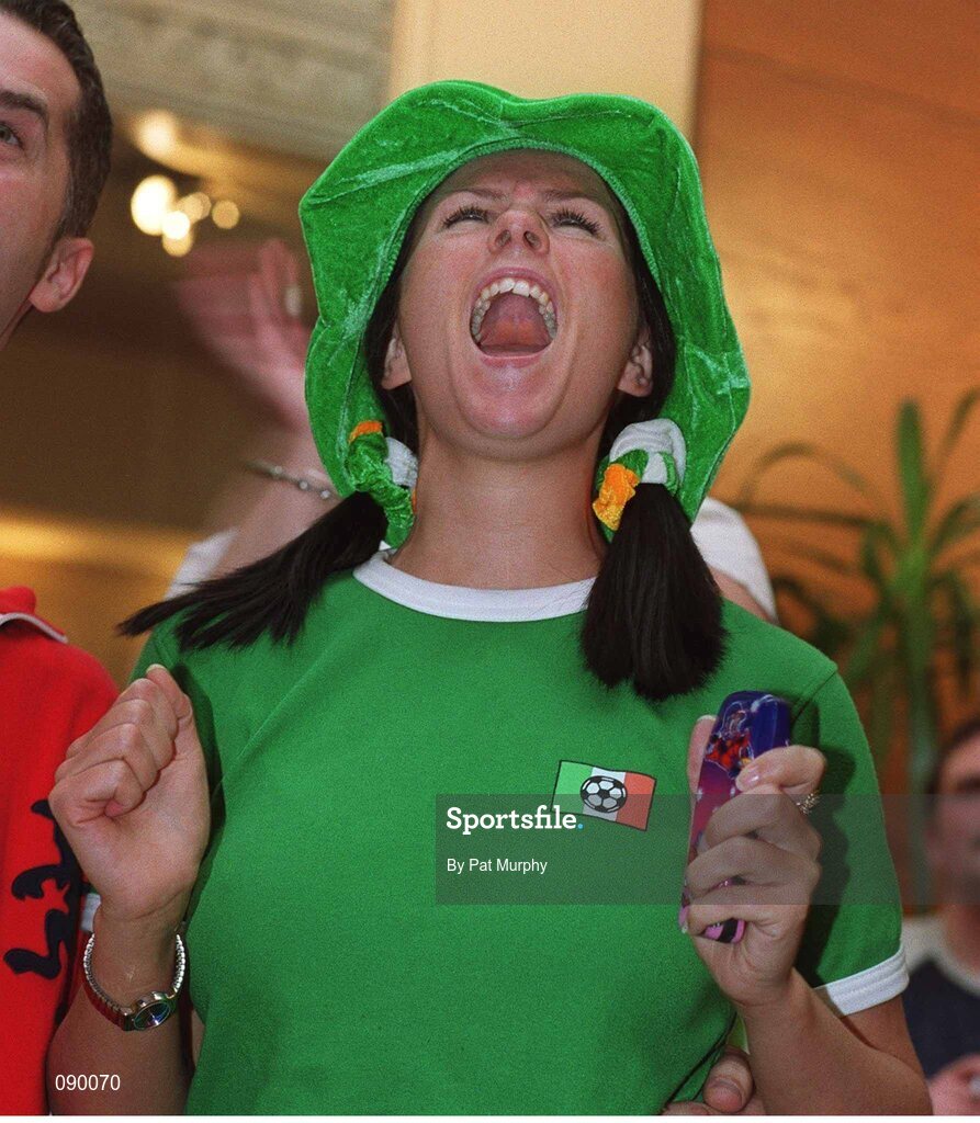 5 June 2002; Republic of Ireland fan Catherine Bradley, Donegal, celebrates at the final whistle. Republic of Ireland v Germany game at the FIFA World Cup Finals. Cup2002. Soccer. Picture credit: Pat Murphy / SPORTSFILE