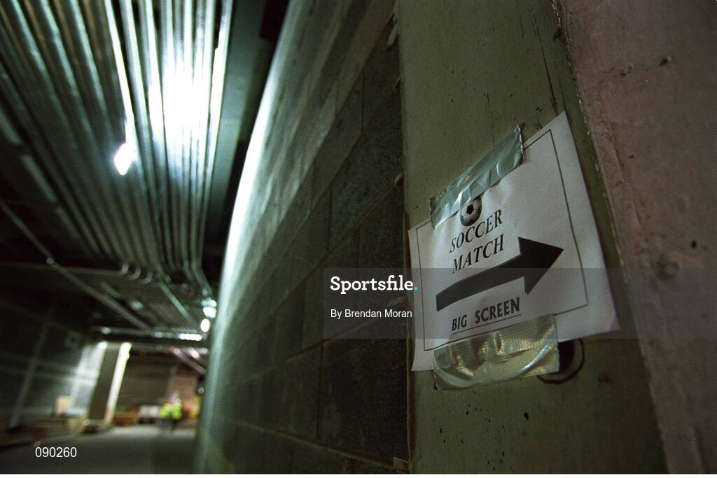 5 June 2002; A sign in Croke Park shows the way to where there was a live broadcast for the workers involved in the construction of the new stand, showing Republic of Ireland v Germany match at the FIFA World Cup Finals. Croke Park, Dublin. Picture credit: Brendan Moran / SPORTSFILE