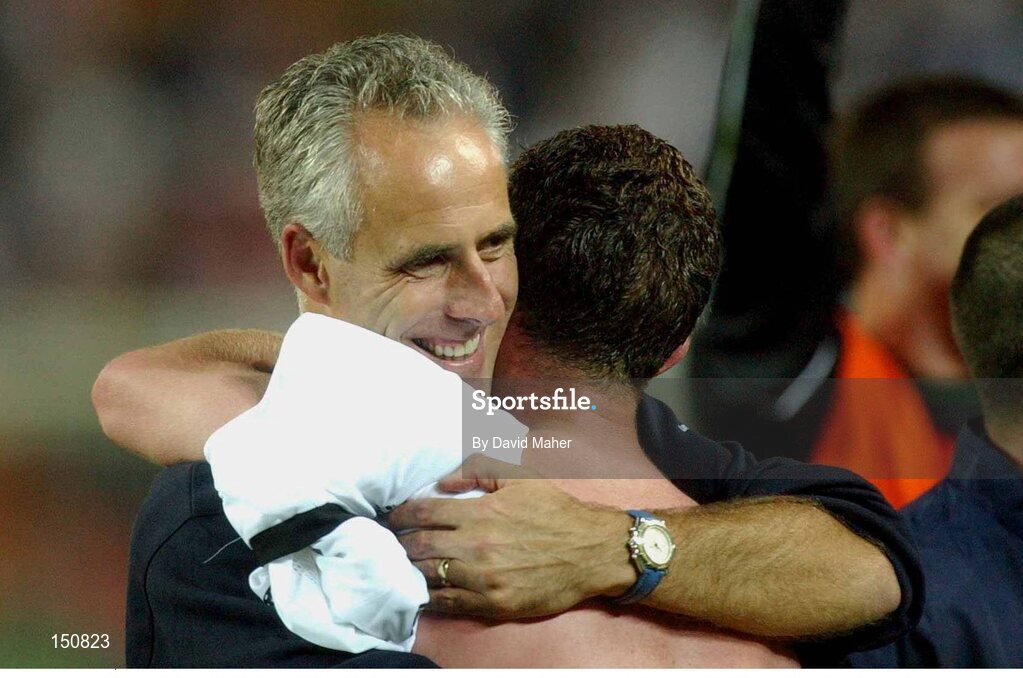 5 June 2002; Republic of Ireland manager Mick McCarthy celebrates with Mark Kinsella after a draw against Germany. FIFA World Cup Finals, Group E, Republic of Ireland v Germany, Ibaraki Stadium, Ibaraki, Japan. Picture credit: David Maher / SPORTSFILE