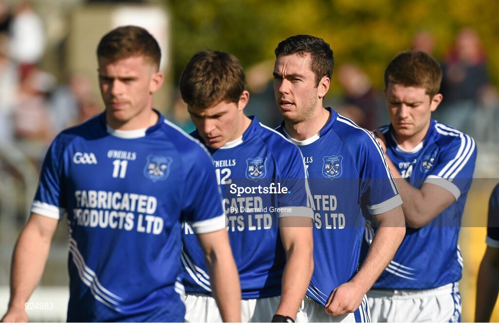 12 October 2014; Cratloe players, from left to right, Sean Collins, Liam Markham, Conor McGrath and Cathal McInerney, during the pre-match parade. Clare County Senior Football Championship Final, Cratloe v Eire Og. Cusack Park, Ennis, Co. Clare. Picture credit: Diarmuid Greene / SPORTSFILE