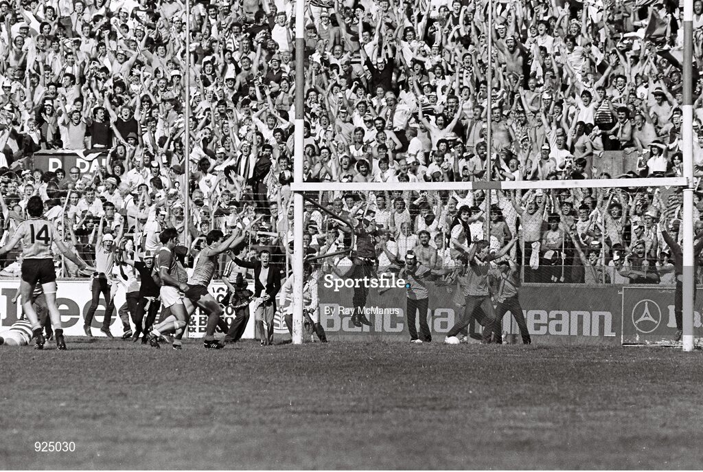 28 August 1983; Joe McNally of Dublin celebrates after scoring his side's fourth goal during the All-Ireland Senior Football Championship Semi-Final Replay match between Dublin and Cork at Páirc Uí Chaoimh, Cork. Photo by Ray McManus/Sportsfile