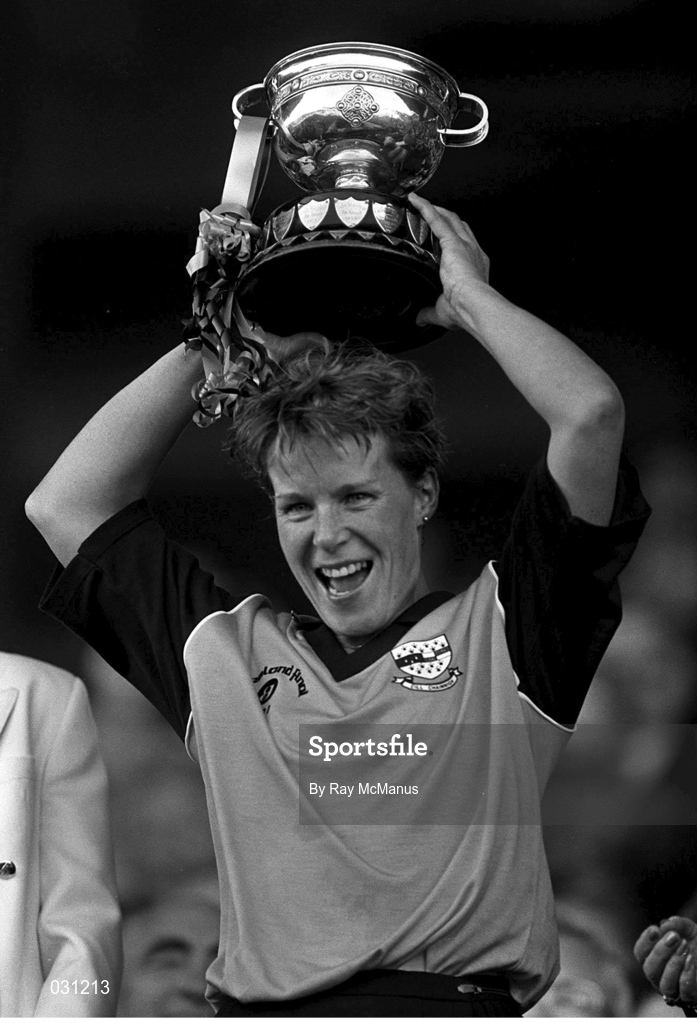 22 September 1991; Kilkenny captain Angela Downey lifts the cup after defeating Cork in the All Ireland Camogie Final match between Kilkenny and Cork at Croke Park in Dublin. Photo by Ray McManus/Sportsfile