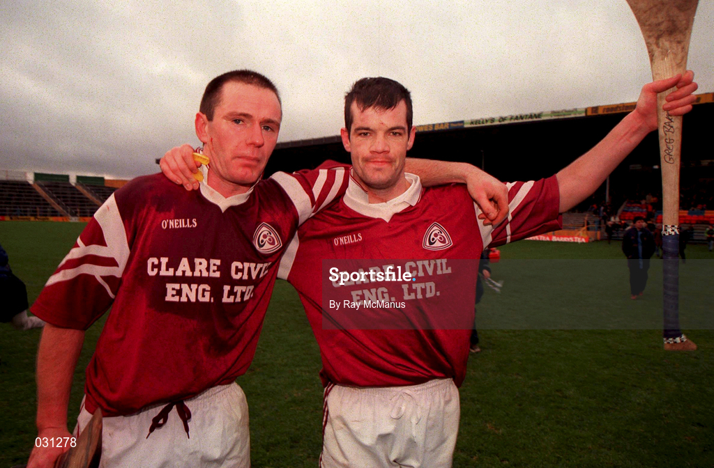 28 November 1999; St. Joseph's Doora-Barefield  forwards Ciaran O'Neill and Greg Baker following the AIB Munster Senior Club Hurling Championship Final match between Ballygunner and St. Joseph's Doora-Barefield at Semple Stadium in Thurles, Tipperary. Photo by Ray McManus/Sportsfile