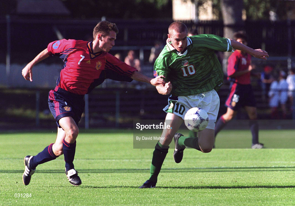 19th July 1999; Colin Healy of Republic of Ireland in action against Corona of Spain during the UEFA Under 18 Championship Group B Round 1 match between Republic of Ireland and Spain at the Kopparvallen Stadium in Atvidaberg, Sweden. Photo by David Maher/Sportsfile