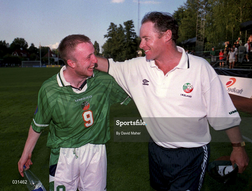 19 July 1999; Republic of Ireland manager Brian Kerr, right, and Gerard Crossley celebrate their victory in the UEFA European Under 18 Championship Group B Round 1 match between Republic of Ireland and Spain at the Kopparvallen Stadium in Atvidaberg, Sweden. Photo by David Maher/Sportsfile