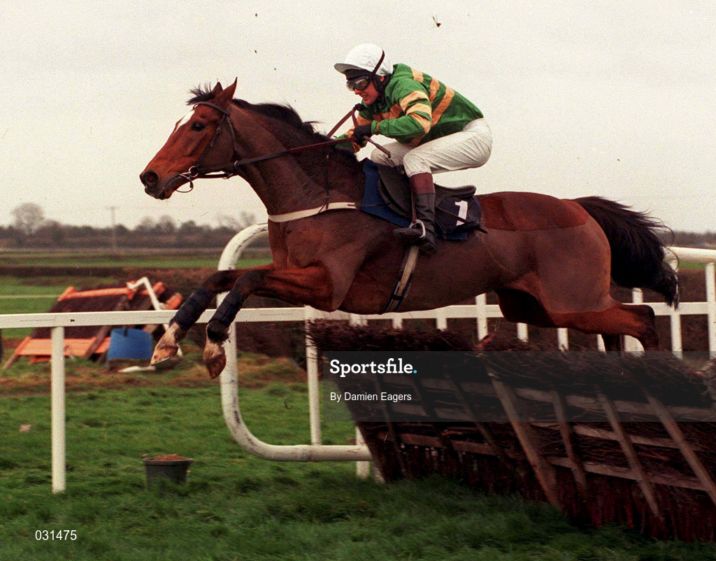 28 November 1999; Istabraq, with Charlie Swan up, clears the last to finish second behind Limestone Lad during the Duggan Brothers Hattons Grace Hurdle at Fairyhouse Racecourse in Ratoath, Meath. Photo by Damien Eagers/Sportsfile