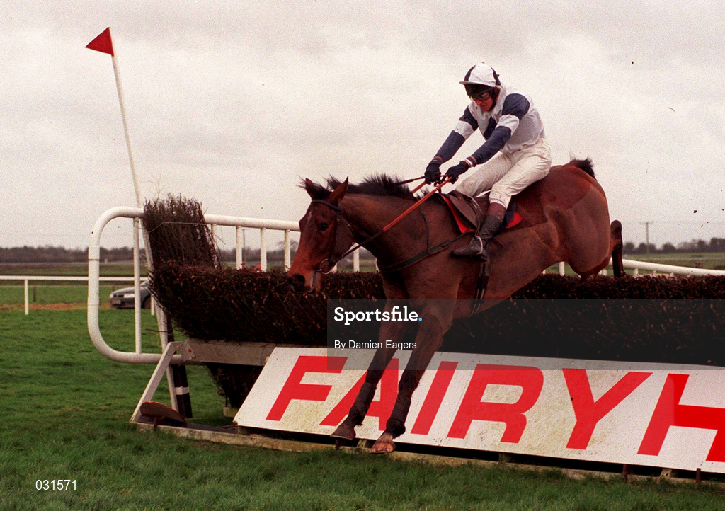 28 November 1999; Alexander Banquet, with Barry Geraghty up, clears the last to win The C.P.M Drinmore Novice Steeplechase at Fairyhouse Racecourse in Ratoath, Meath. Photo by Damien Eagers/Sportsfile