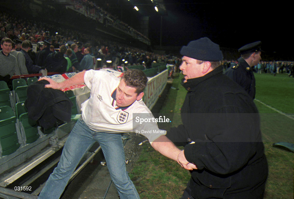 15 Feburary 1995; Rioting England supporters in the West Stand which forced the abandonment of the international friendly match between Republic of Ireland and England at Lansdowne Road in Dublin. Photo by David Maher/Sportsfile