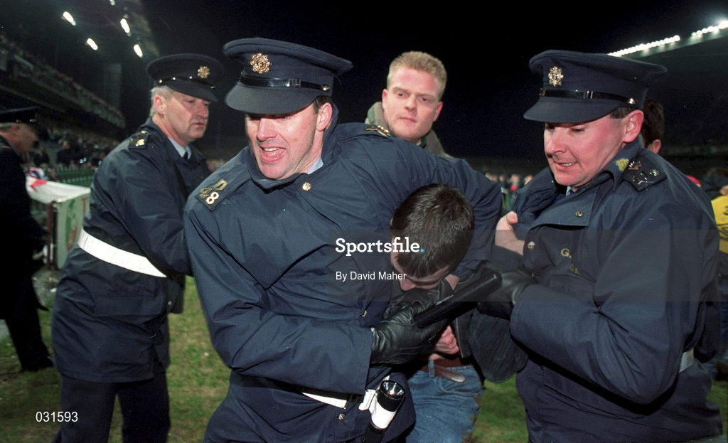 15 Feburary 1995; An England supporter is restrained by Gardai after rioting in the West Stand forced the abandonment of the international friendly match between Republic of Ireland and England at Lansdowne Road in Dublin. Photo by David Maher/Sportsfile