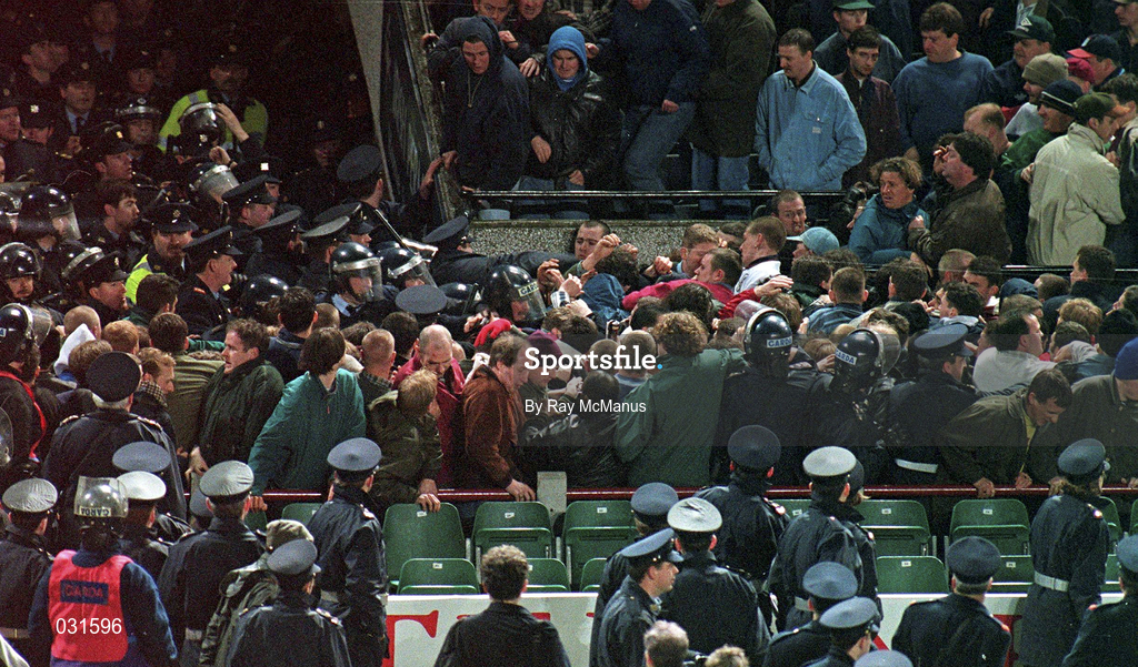 15 Feburary 1995; Rioting England supporters in the West Stand which forced the abandonment of the international friendly match between Republic of Ireland and England at Lansdowne Road in Dublin. Photo by Ray McManus/Sportsfile