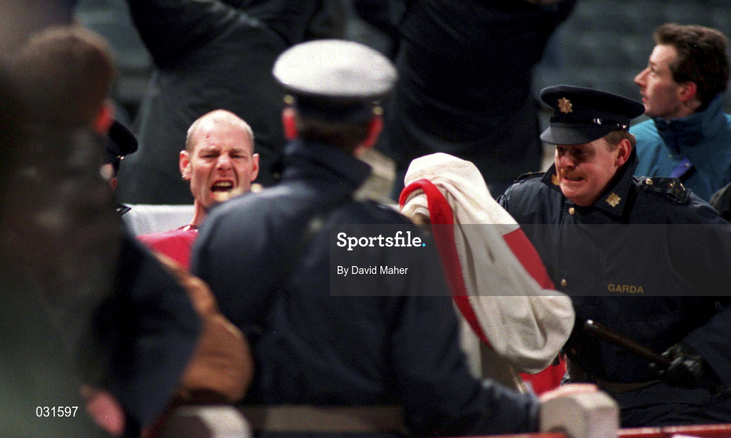 15 Feburary 1995; An England supporter is restrained by Gardai after rioting in the West Stand forced the abandonment of the international friendly match between Republic of Ireland and England at Lansdowne Road in Dublin. Photo by David Maher/Sportsfile