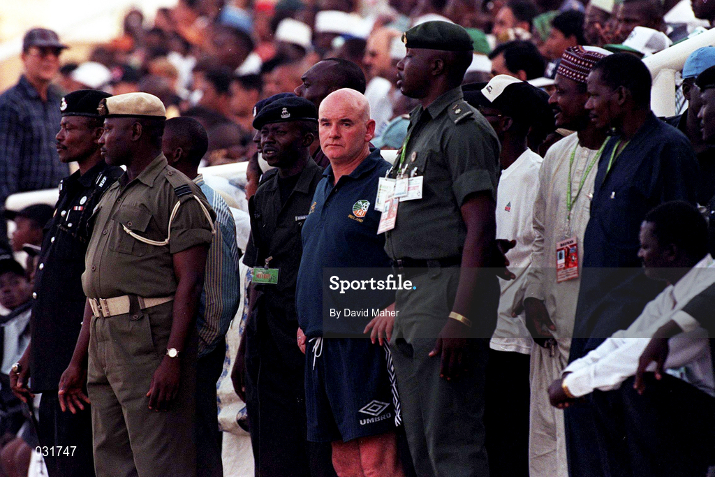 14 April 1999; Republic of Ireland assistant Noel O'Reilly stands on the sideline after being sent off during the 1999 FIFA World Youth Championship Round of 16 match between Nigeria v Republic of Ireland at the Sani Abacha Stadium in Kano, Nigeria. Photo by David Maher/Sportsfile