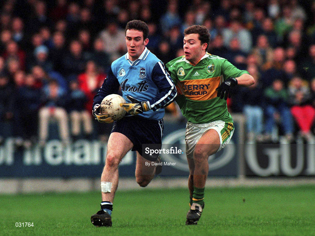 28 November 1999; Paddy Christie of Dublin in action against Denis O'Dwyer of Kerry during the Church & General National Football League match between Dublin and Kerry at Parnell Park in Dublin. Photo by David Maher/Sportsfile