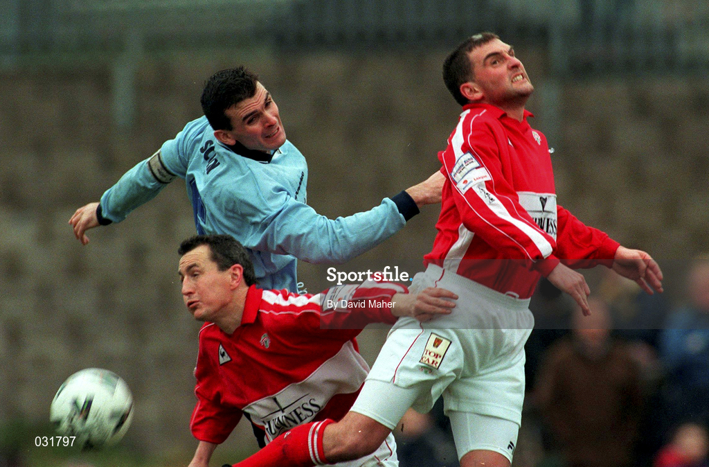 5 December 1999; John Caulfield, left, and Pat Morley of Cork City in action against Pat Scully of Shelbourne during the Eircom League Premier Division match between Cork City and Shelbourne at Turner's Cross in Cork. Photo by David Maher/Sportsfile