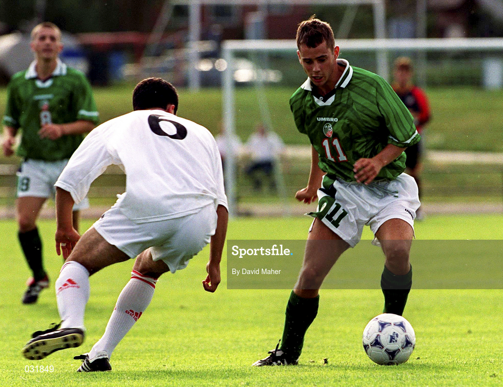 21 July 1999; Richie Partridge of Republic of Ireland in action against Zurab Menteshashvil of Georgia during the Under 18 Championship Group B Round 2 between Georgia and Republic of Ireland at the Folkungavallen Stadium in Linköping, Sweden. Photo by David Maher/Sportsfile