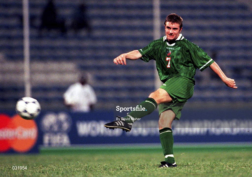 7 April 1999; Stephen McPhail of Republic of Ireland shoots to score his side's first goal during the1999 FIFA World Youth Championship Group C Round 2 match between Saudi Arabia and Republic of Ireland at the Liberty Stadium in Ibadan, Nigeria. Photo by David Maher/Sportsfile