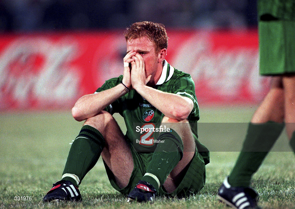 14 April 1999; Thomas Heary of Republic of Ireland reacts following their defeat in a penalty during a shoot-out in the 1999 FIFA World Youth Championship Round of 16 match between Nigeria v Republic of Ireland at the Sani Abacha Stadium in Kano, Nigeria. Photo by David Maher/Sportsfile *** Local Caption *** 14 April 1999; x during the 1999 FIFA World Youth Championship Round of 16 match between Nigeria v Republic of Ireland at the Sani Abacha Stadium in Kano, Nigeria. Photo by David Maher/Sportsfile