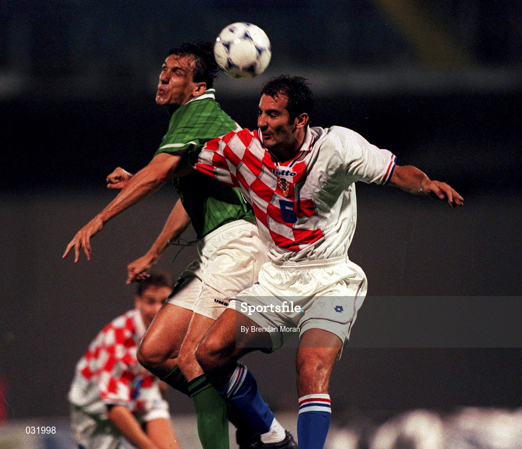 4 September 1999; Tony Casacarino of Republic of Ireland in action against Igor Stimac of Croatia during the UEFA European Championships Qualifier match between Croatia and Republic of Ireland at the Maksimir Stadium in Zagreb, Croatia. Photo by Brendan Moran/Sportsfile