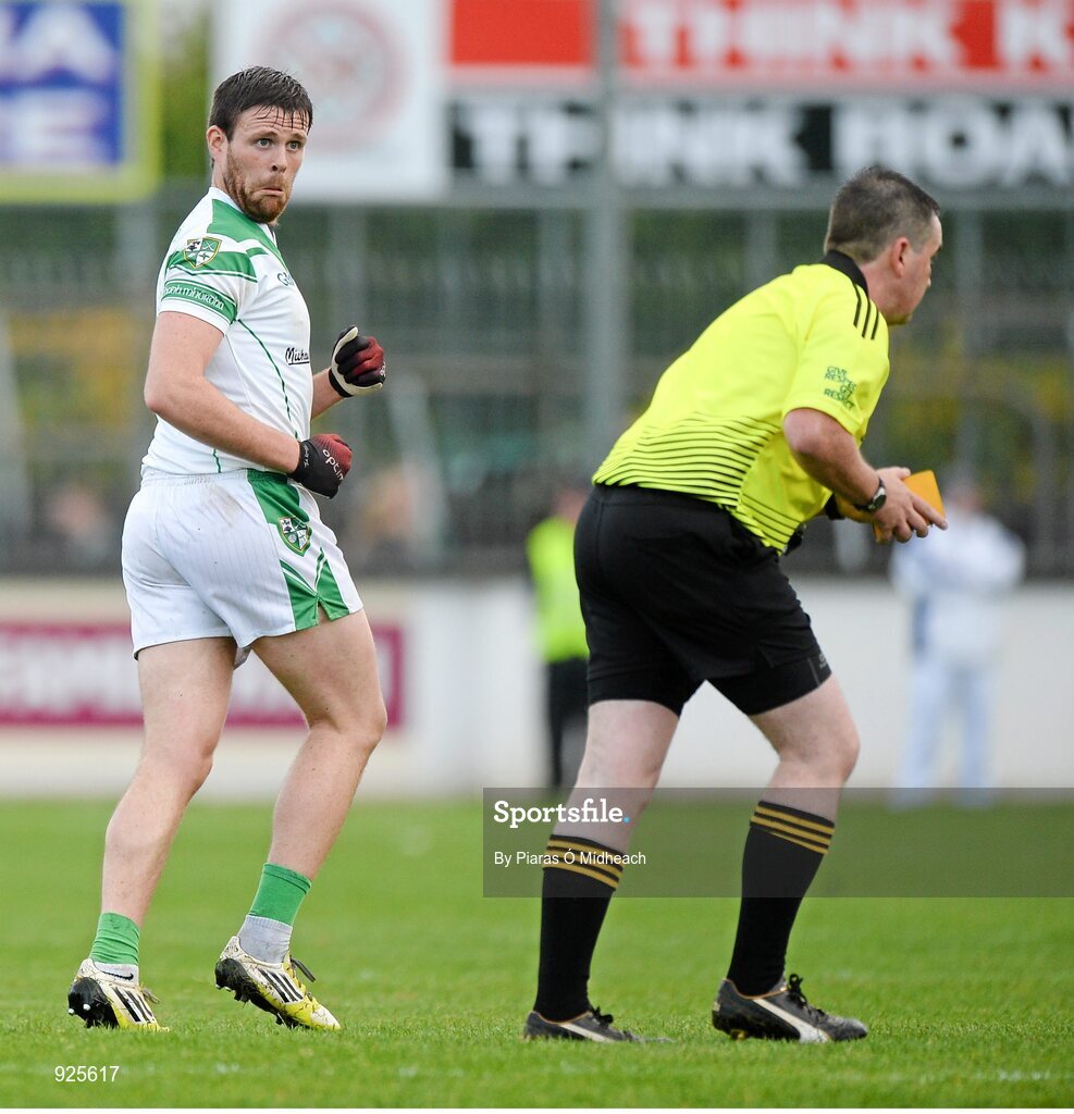 19 October 2014; Cian O'Connor, Moorefield, reacts after being shown the yellow card by referee Noel McKenna. Kildare County Senior Football Championship Final, Sarsfields v Moorefield, St Conleth's Park, Newbridge, Co. Kildare. Picture credit: Piaras Ó Mídheach / SPORTSFILE