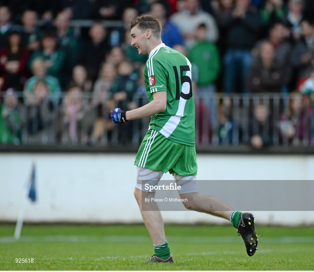 19 October 2014; Robbie Confrey, Sarsfields, celebrates scoring his sides first goal. Kildare County Senior Football Championship Final, Sarsfields v Moorefield, St Conleth's Park, Newbridge, Co. Kildare. Picture credit: Piaras Ó Mídheach / SPORTSFILE