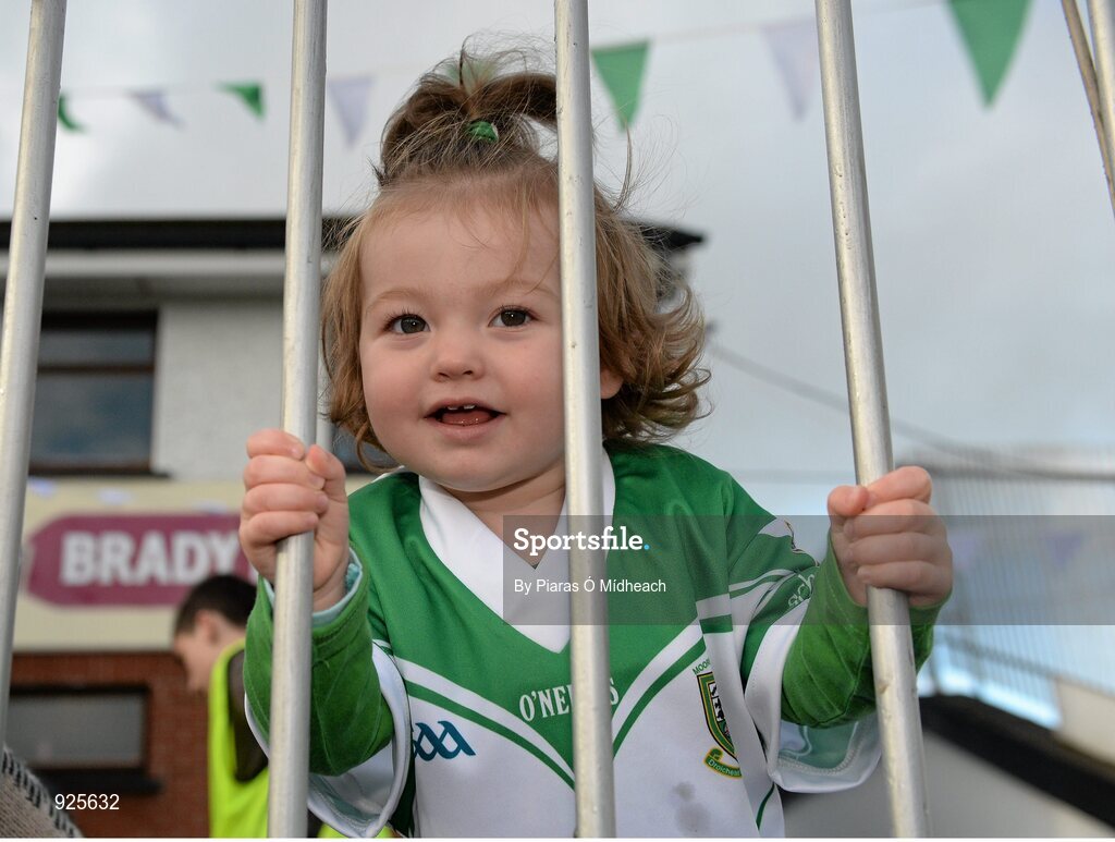 19 October 2014; Summer Sweeney, aged 18 months, and daughter of Moorefield captain Ronan Sweeney at the game. Kildare County Senior Football Championship Final, Sarsfields v Moorefield, St Conleth's Park, Newbridge, Co. Kildare. Picture credit: Piaras Ó Mídheach / SPORTSFILE