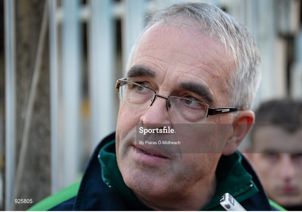 19 October 2014; Moorefield manager Luke Dempsey is interviewed by journalists after the game. Kildare County Senior Football Championship Final, Sarsfields v Moorefield, St Conleth's Park, Newbridge, Co. Kildare. Picture credit: Piaras Ó Mídheach / SPORTSFILE