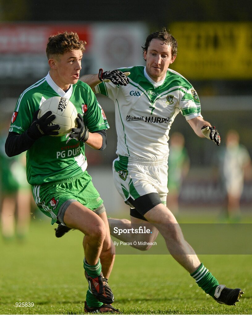 19 October 2014; Declan McKenna, Sarsfields, in action against Pádraig O'Flynn, Moorefield. Kildare County Senior Football Championship Final, Sarsfields v Moorefield, St Conleth's Park, Newbridge, Co. Kildare. Picture credit: Piaras Ó Mídheach / SPORTSFILE